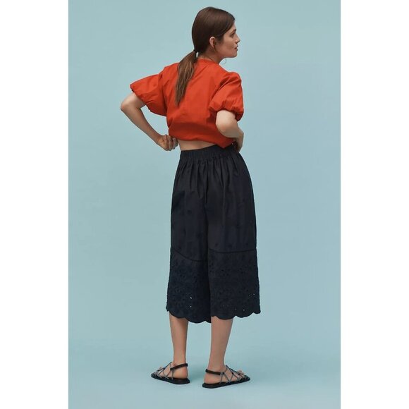 Maeve Embroidered Super Wide Leg Cropped Culottes Pants Black L - Picture 3 of 4